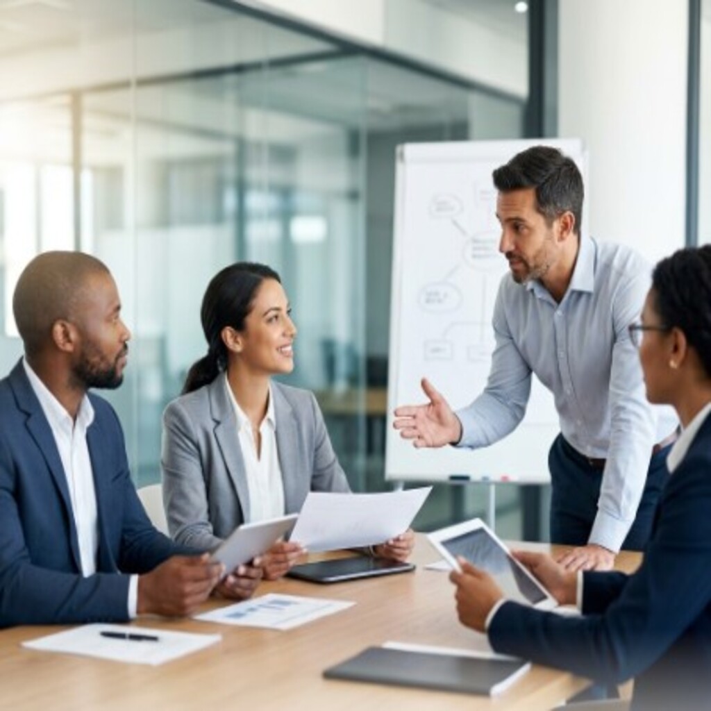 Facilitador corporativo impartiendo un taller de liderazgo y gestión de equipos a un grupo de gerentes.