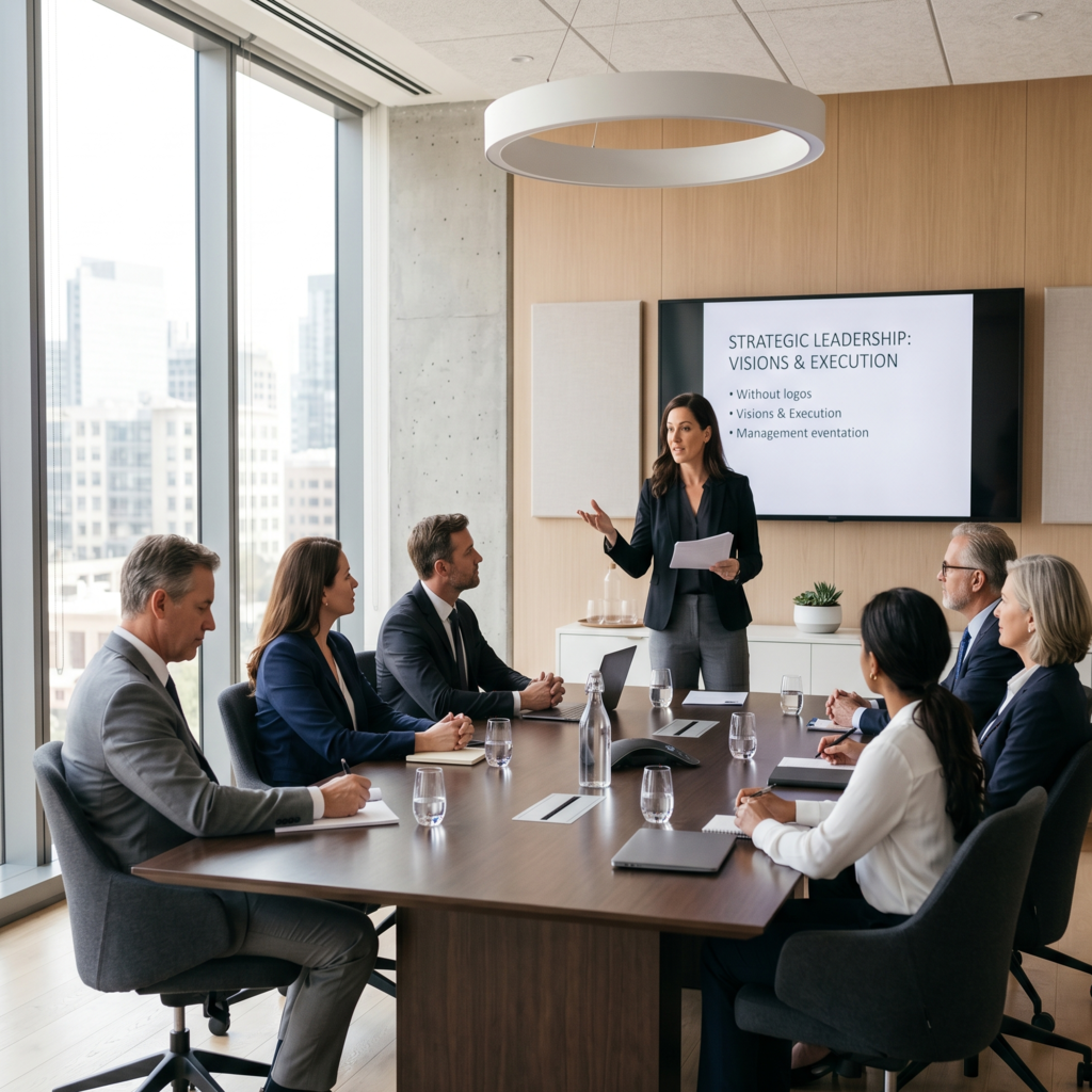 Instructor dirigiendo una sesión de capacitación de liderazgo empresarial para un grupo de ejecutivos en una sala de juntas